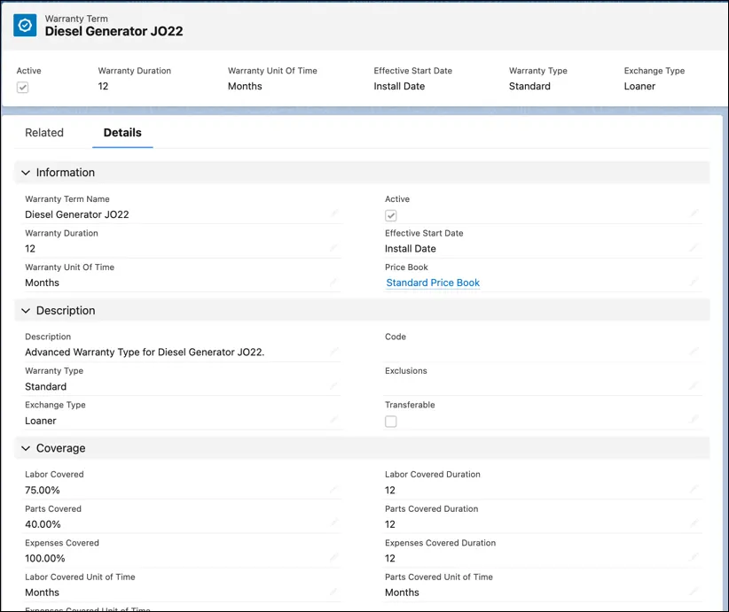 Screen capture of a Warranty Term record showing details such as warranty duration, type, and coverage.