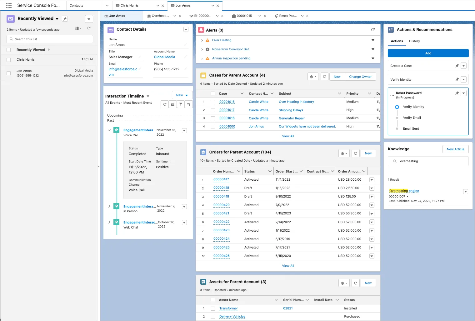 取引先責任者レコードが開いている Manufacturing Cloud のサービスコンソールのスクリーンキャプチャ。