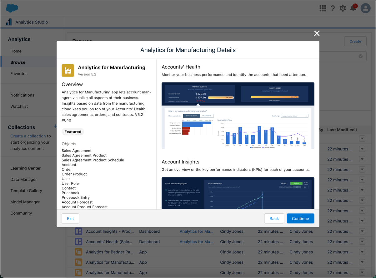 Analytics Studio の Analytics for Manufacturing アプリケーションテンプレートを示すスクリーンキャプチャ。テンプレートの詳細とダッシュボードのスクリーンキャプチャが表示されている。