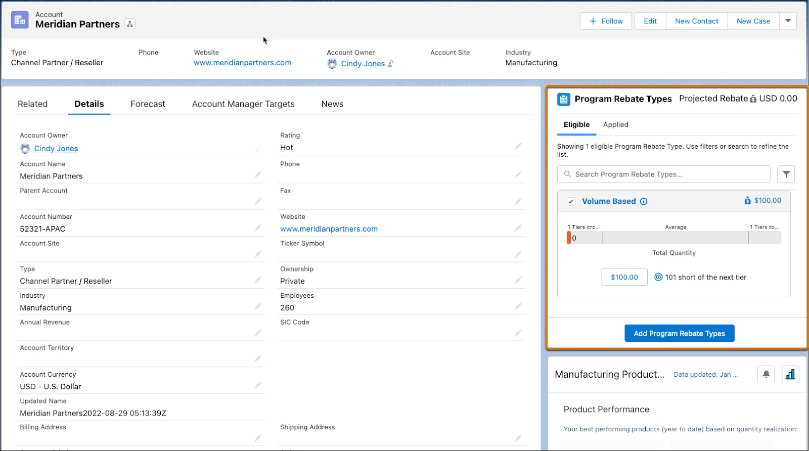 Screen capture of the Rebates panel showing the eligible rebates, projected rebate payouts, and attainment quantities.