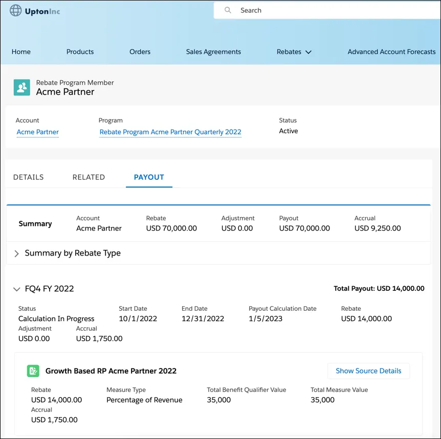 Screen capture of a Payout tab on a Rebate Program Member record showing the member’s payout summary and payout details for different payout periods.