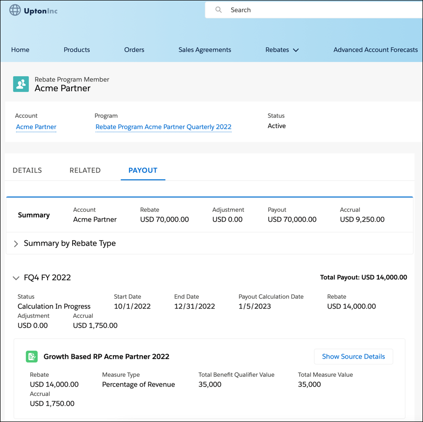 Screen capture of a Payout tab on a Rebate Program Member record showing the member’s payout summary and payout details for different payout periods.