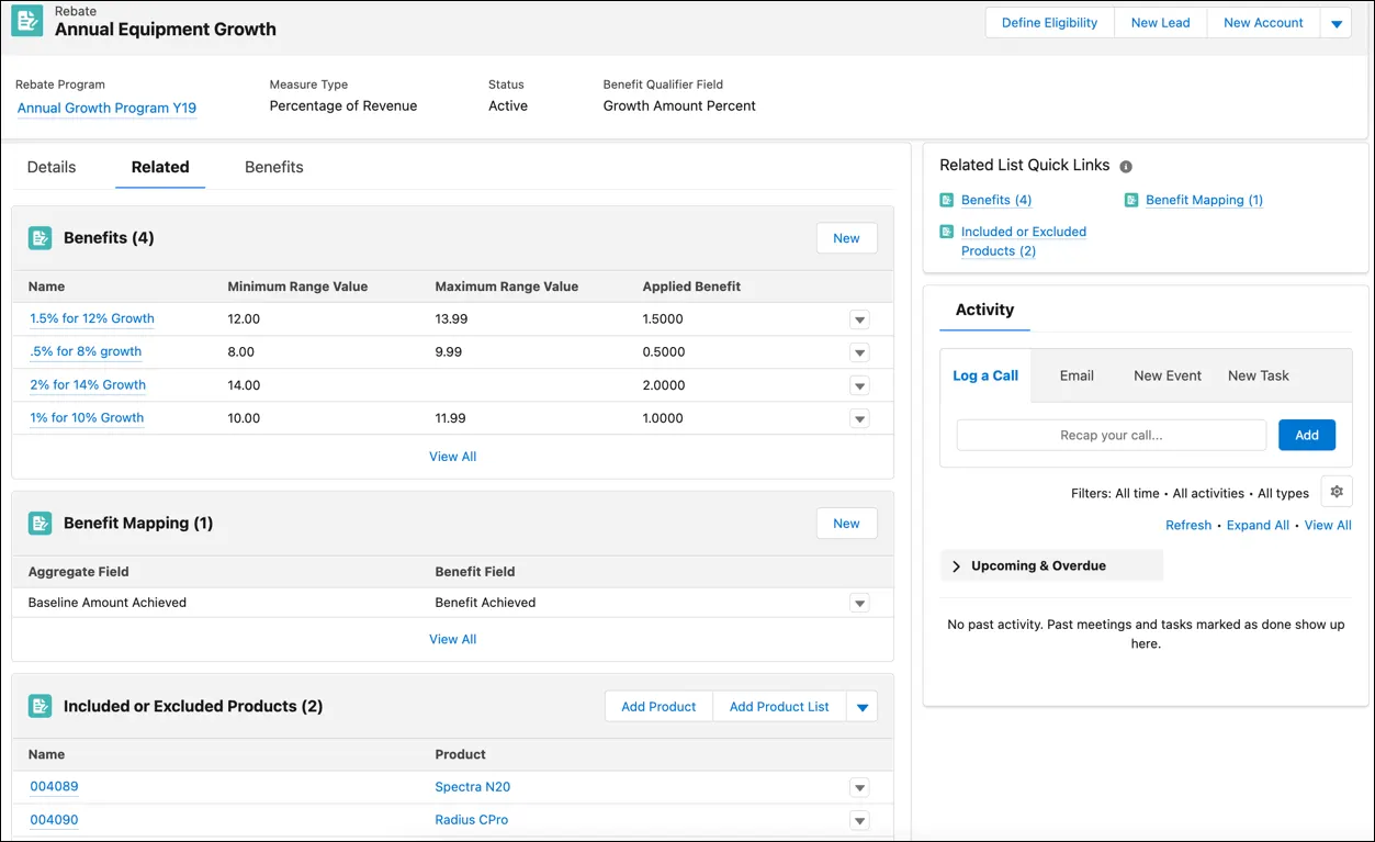 Screen capture of the Related tab on a Program Rebate Type record page, showing associated benefits, benefit mappings, and included or excluded products.