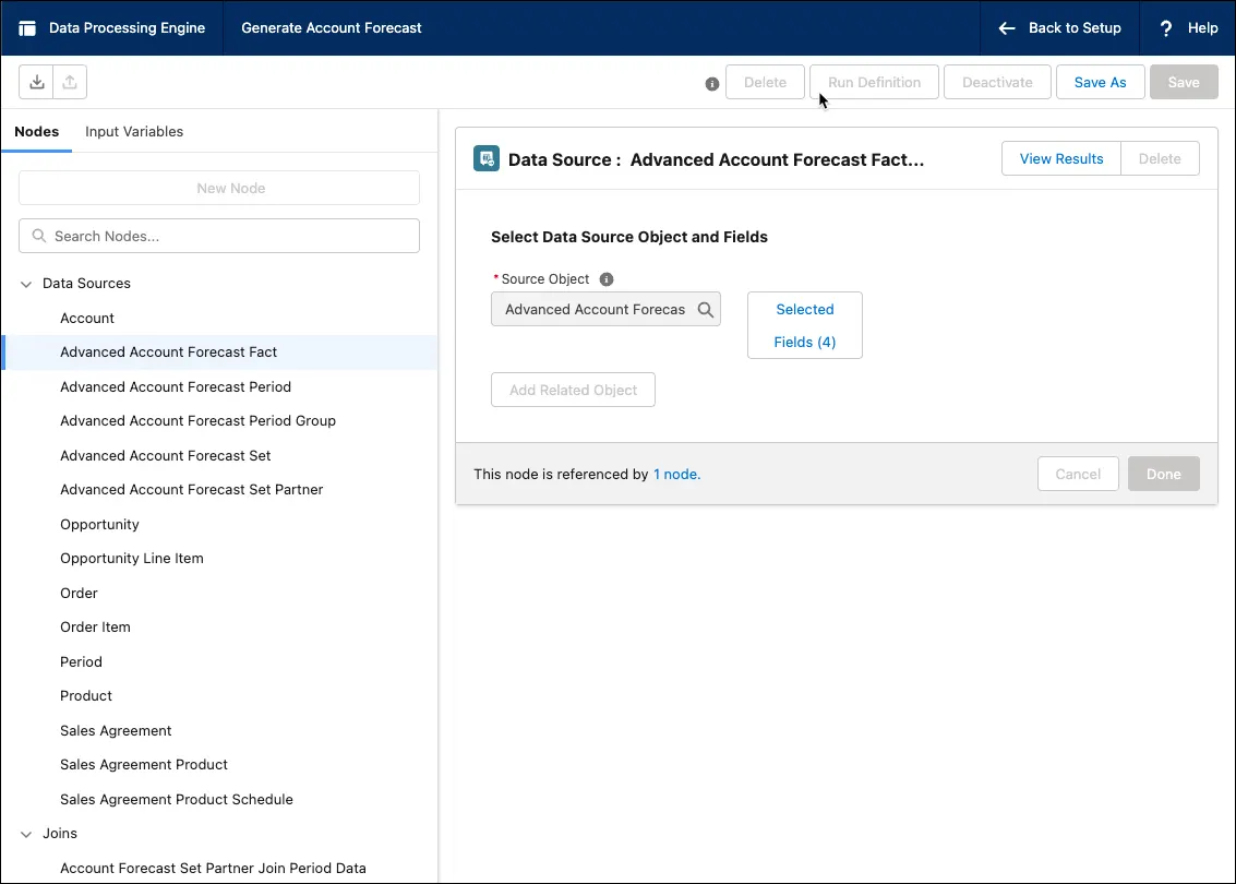 Screen capture of the Generate Account Forecast DPE definition in DPE builder showing the list of nodes in the DPE.