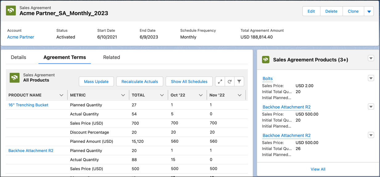 The Agreement Terms tab showing agreement terms by product name, metric, and time period.