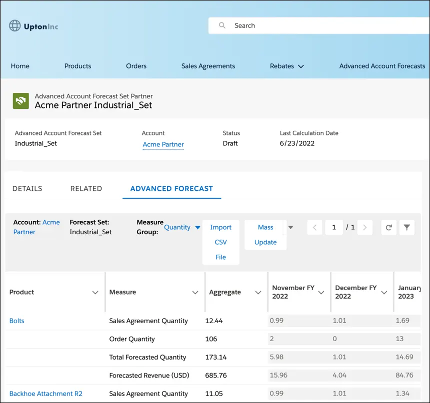 Screen capture of the Generate Account Forecast DPE definition in DPE builder showing the list of nodes in the DPE.