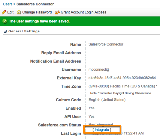 User General Settings screen with Integrate link highlighted.