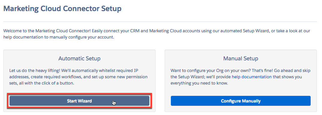 Marketing Cloud Connect Setup with Start Wizard button highlighted