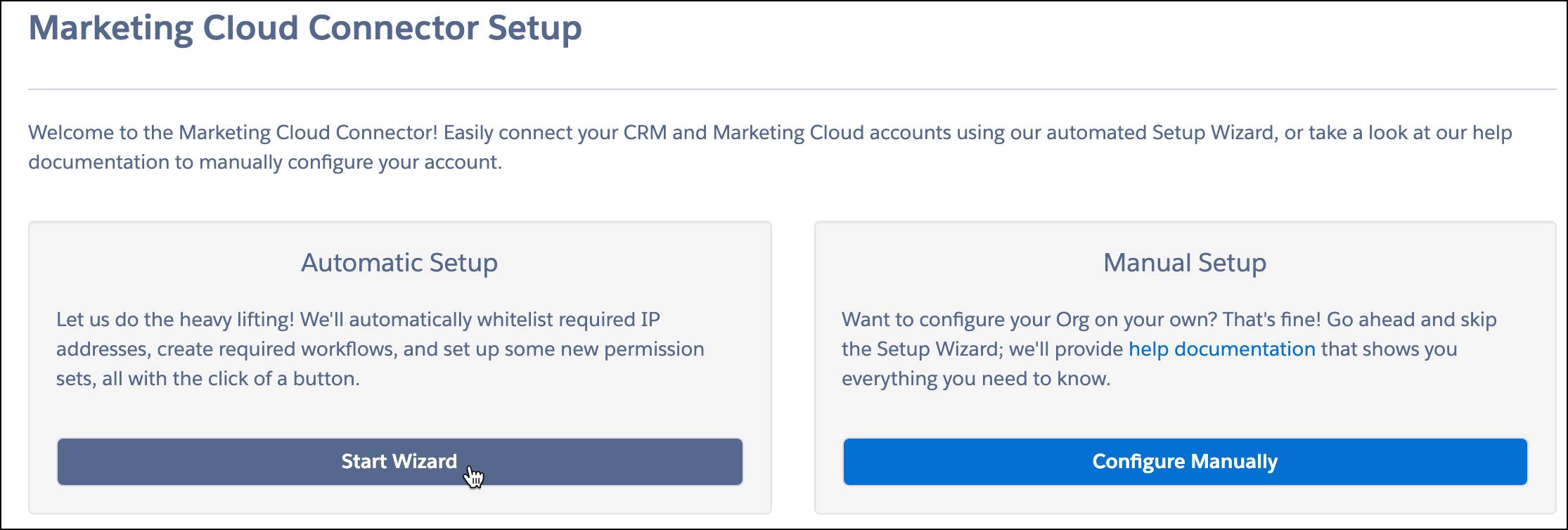 Configuración de Marketing Cloud Connect con el botón Iniciar asistente señalado.