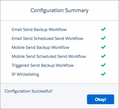 Resumen de configuración de Marketing Cloud Connect, donde se anuncia que la configuración se ha completado correctamente.