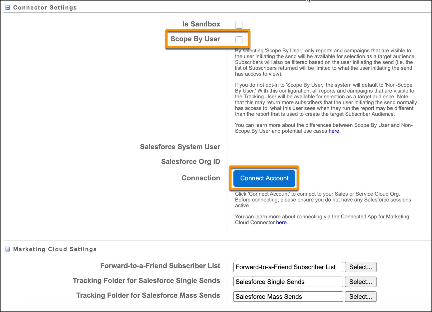 Pantalla de configuración de integración de Salesforce en Marketing Cloud Engagement con las opciones Scop by User (Ámbito por usuario) y Connect Account (Conectar cuenta) rodeadas.