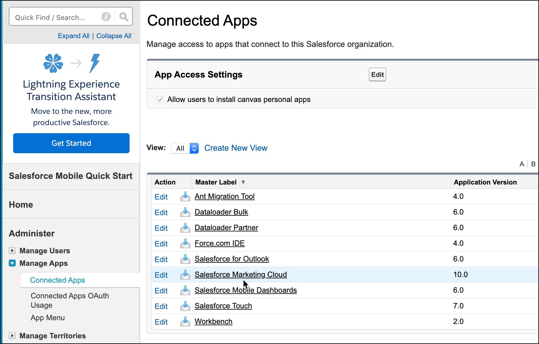 Pantalla Connected Apps (Aplicaciones conectadas) con la opción Salesforce Marketing Cloud Engagement seleccionada.