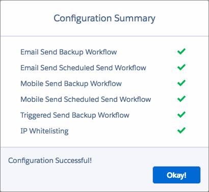 Riepilogo della configurazione di Marketing Cloud Connect che informa che la configurazione è riuscita.