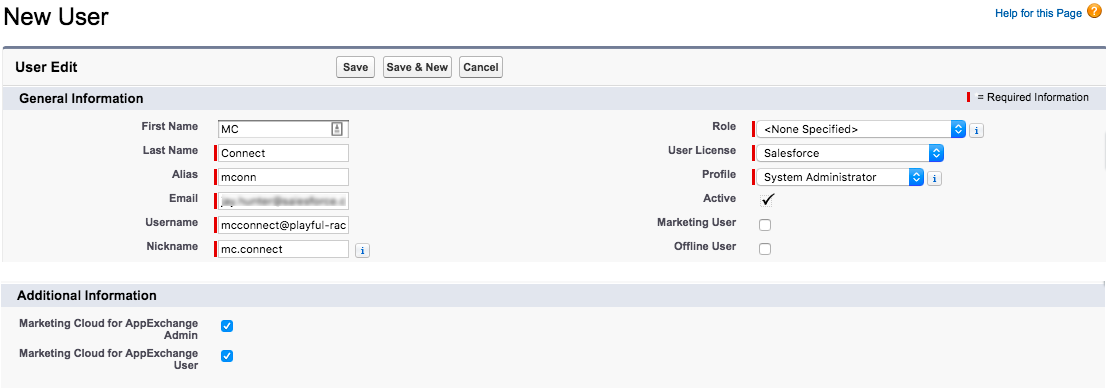 New User screen with specified fields filled out