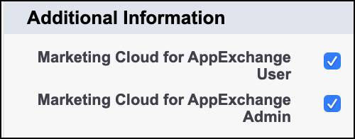 Marketing Cloud Engagement for AppExchange Admin and User Fields checked on the user detail page.