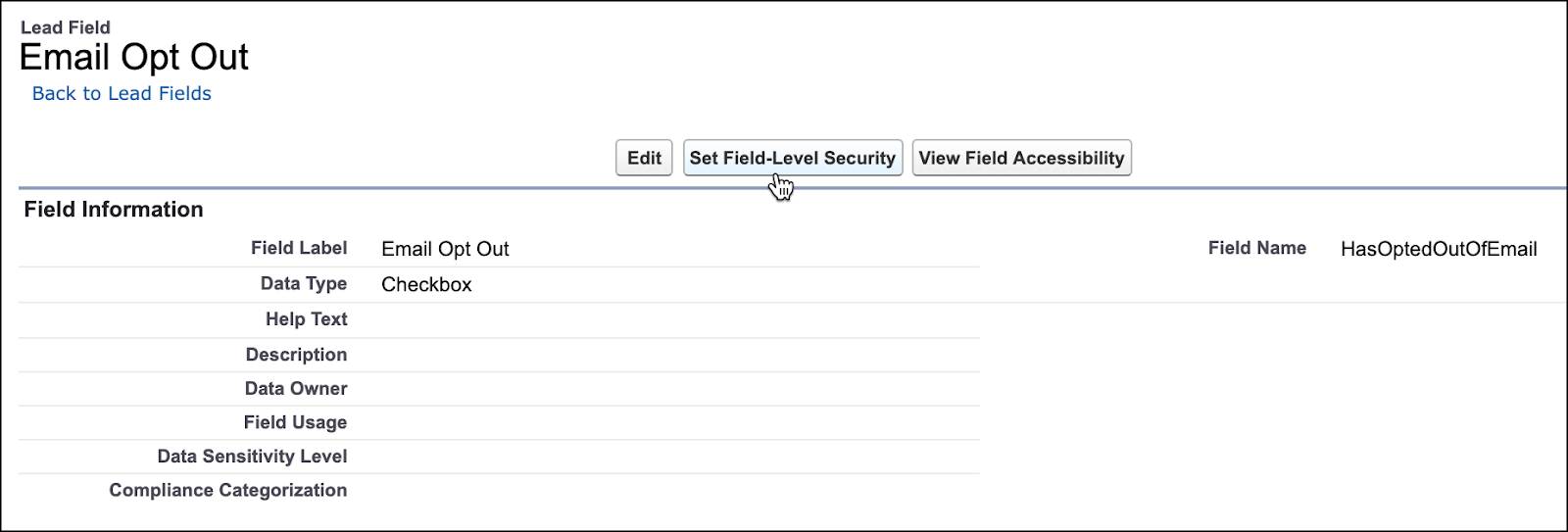 Email opt out lead field with set field-level security button selected.