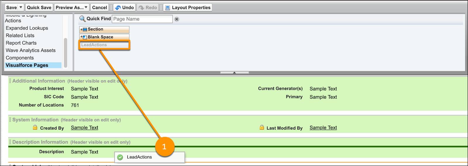 The Visualforce page LeadActions is highlighted, showing it dragged to the Lead page under Description Information.