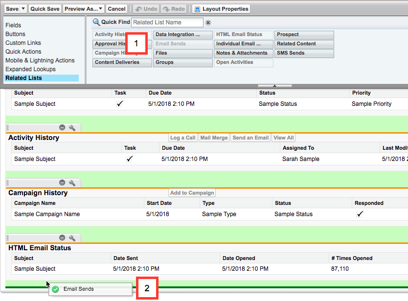Dragging the Email Sends object to the related list section on the Lead page layout editor