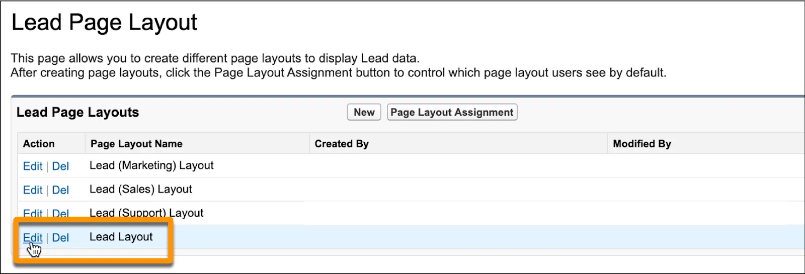 Layout della pagina Lead in cui Edit (Modifica) è selezionato accanto a Lead Layout.