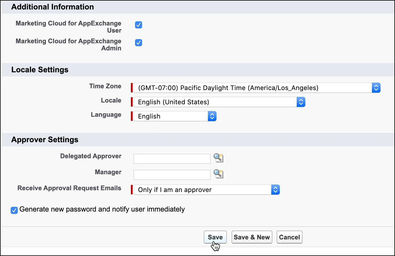 Schermata New User (Nuovo utente) con le autorizzazioni per Marketing Cloud Engagement e la casella Generate New Password (Genera nuova password) selezionate.
