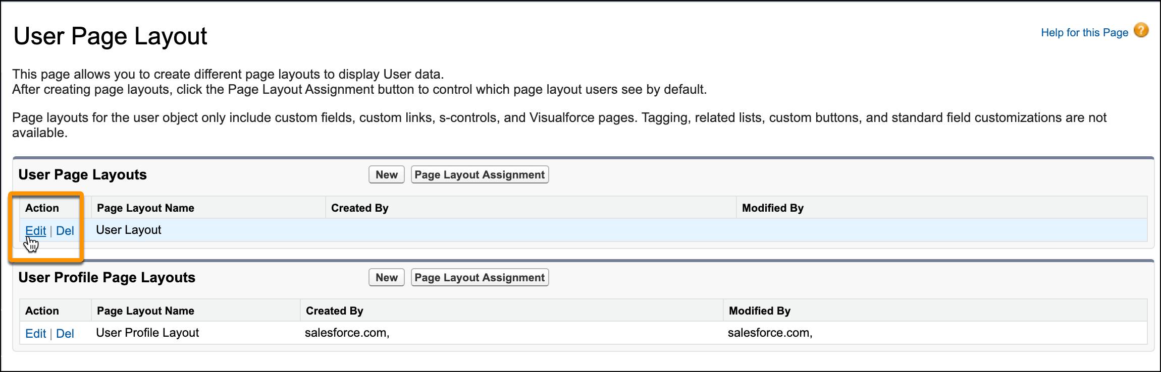 User Page Layout(사용자 페이지 레이아웃)에 대한 Edit(편집) 링크에 커서가 있는 사용자 페이지 레이아웃 화면.