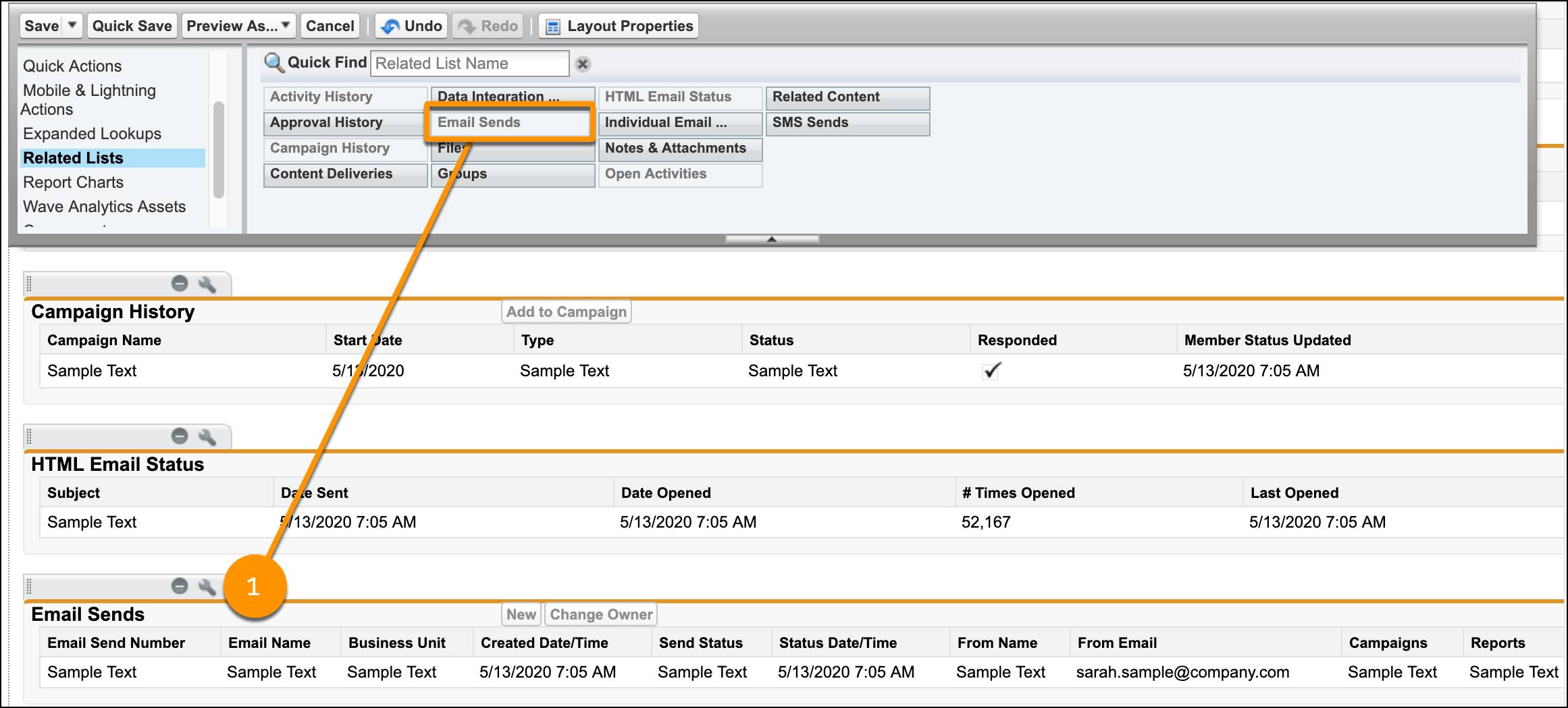 Email Sends(이메일 전송) 개체가 리드 페이지 레이아웃 편집기의 관련 목록 섹션으로 드래그된 것으로 하이라이트 표시됩니다.