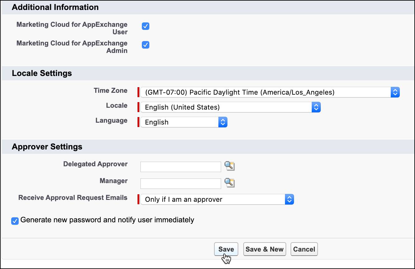 Marketing Cloud Engagement 권한이 선택되어 있고 새 암호 생성을 선택한 새 사용자 화면입니다.