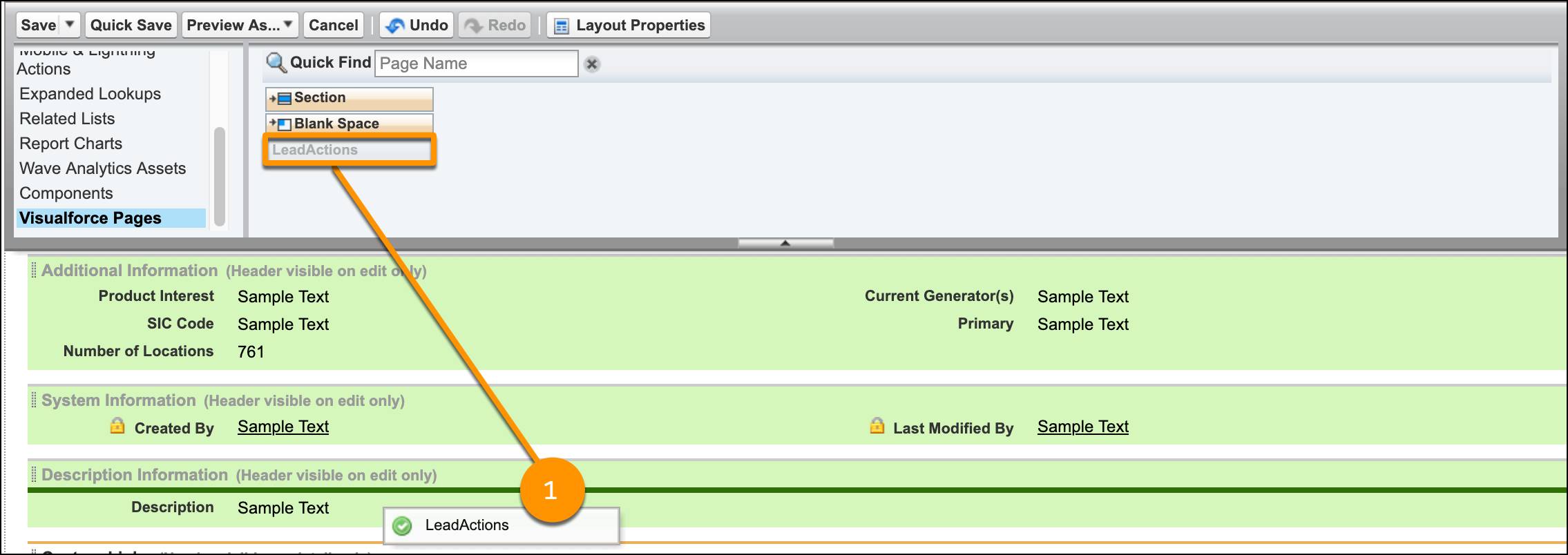 Visualforce 页面 LeadActions 突出显示，表示它已被拖动到“描述信息”项下的潜在客户页面。