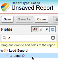 Lead ID field being selected in the Report Builder