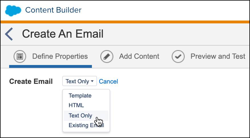 En la pantalla Crear un email, Solo texto está seleccionado en el menú desplegable.