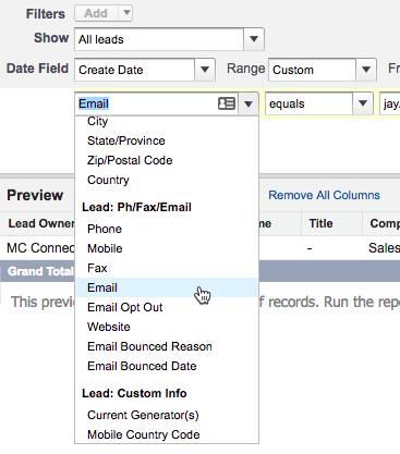 Selecting the Email field for filtering in the report builder