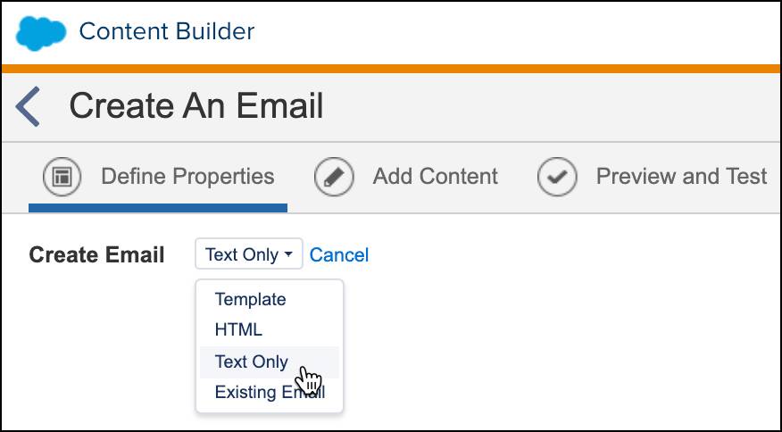 On Create an Email screen, Text Only is selected from the dropdown.