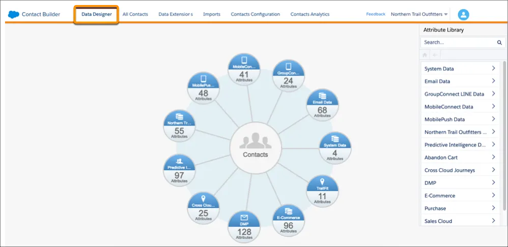 The Data Designer tab, showing the relationship between a contact and its attribute groups.