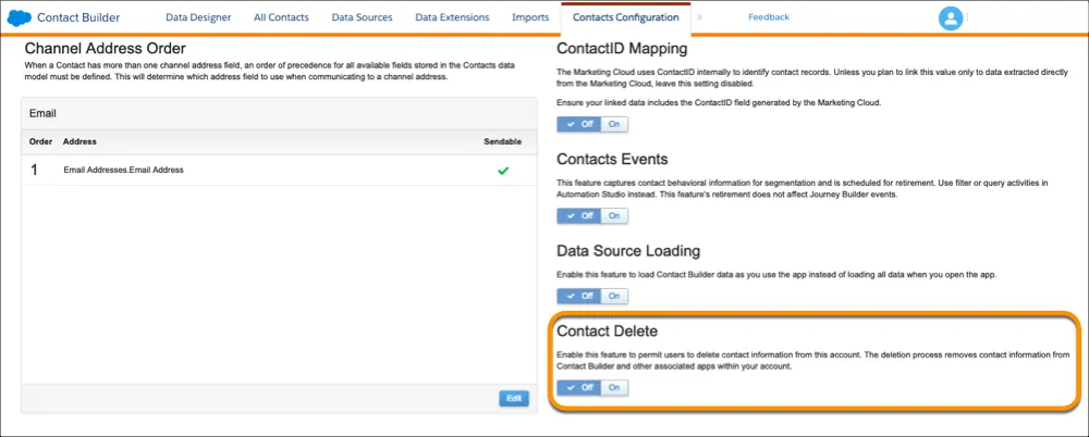 The Channel Address Order page with the Contact Delete option highlighted.