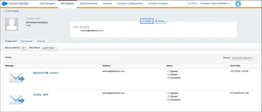 A contact record displaying email messages, address, open rates, and sent dates.