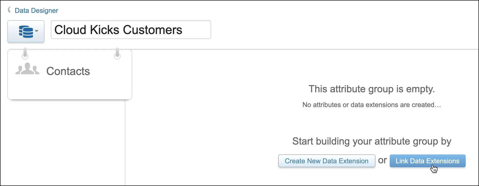 Cloud Kicks Customers attribute group with cursor on Link Data Extensions