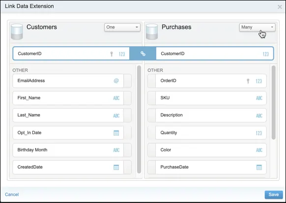 Customers cardinality screenshot with the selection of one-to-many