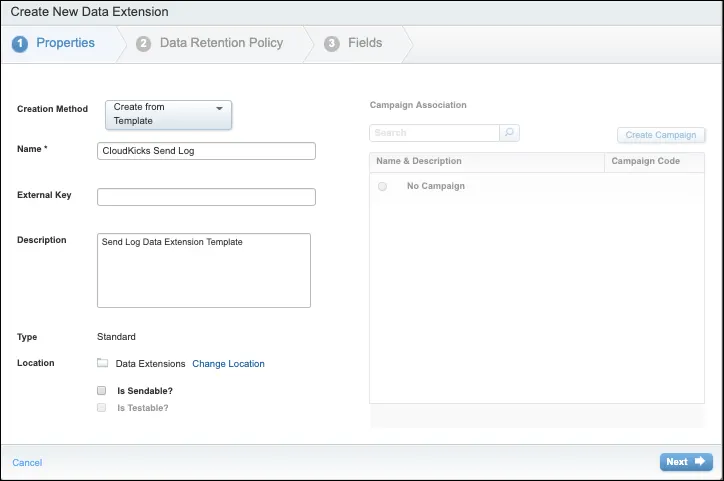 Create a Send Log New Data Extension