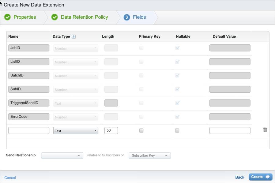 Tela de criação do log de envio