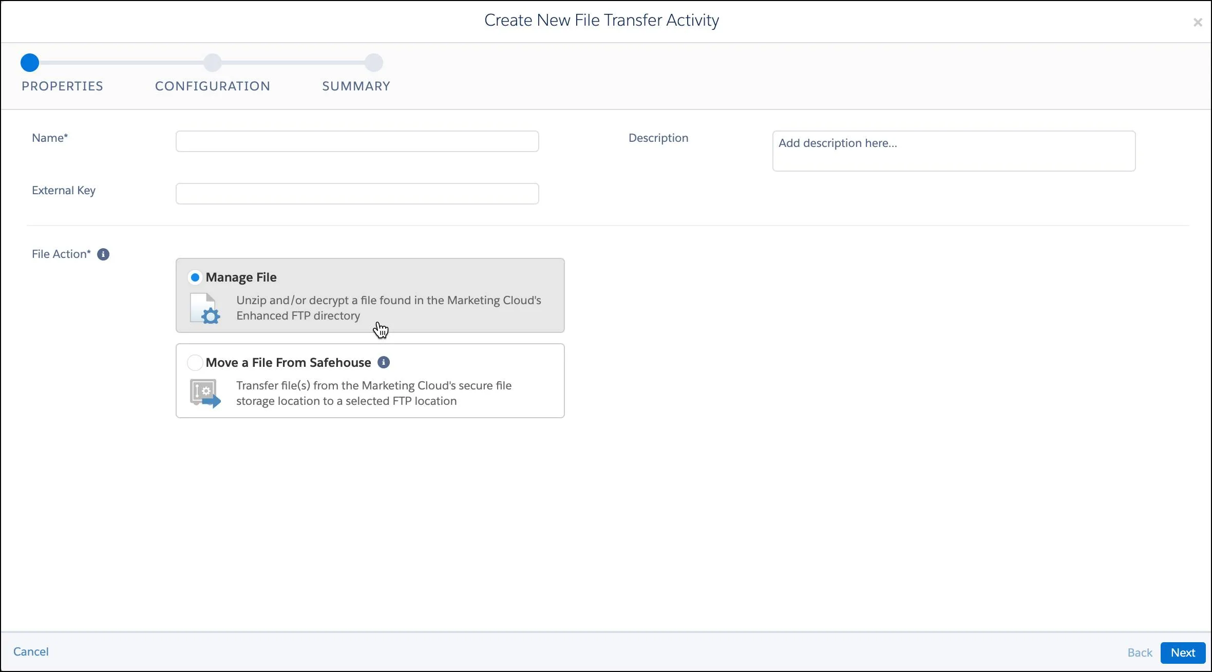 Properties screen for file transfer activity. Manage File being selected