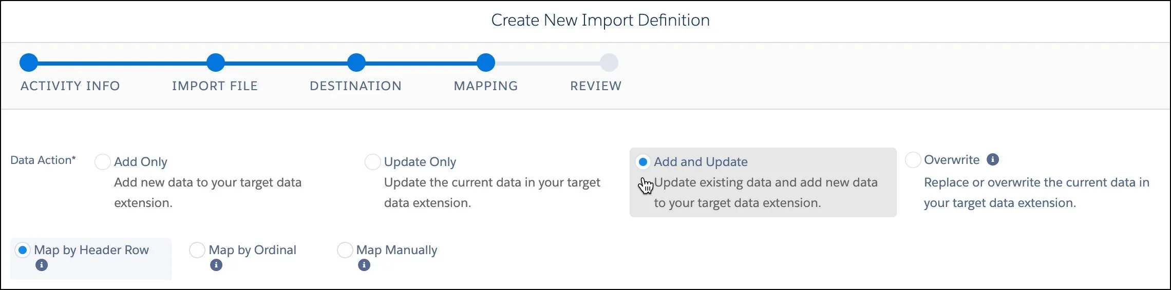 Add and Update and Map by Header Row selected in import definition.