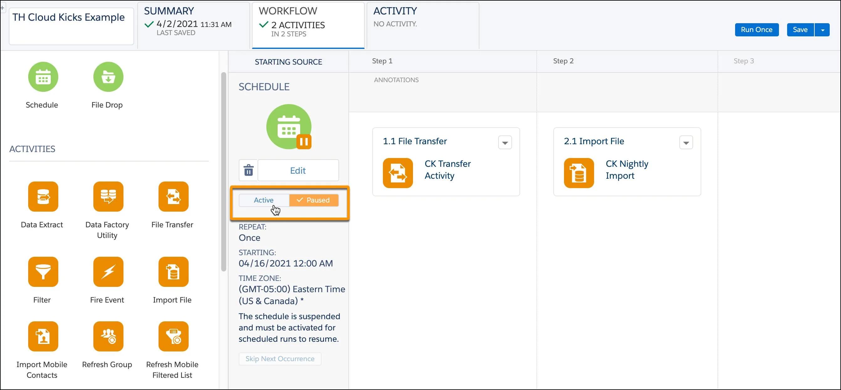 Finished cloud kicks import automation with active and paused buttons circled