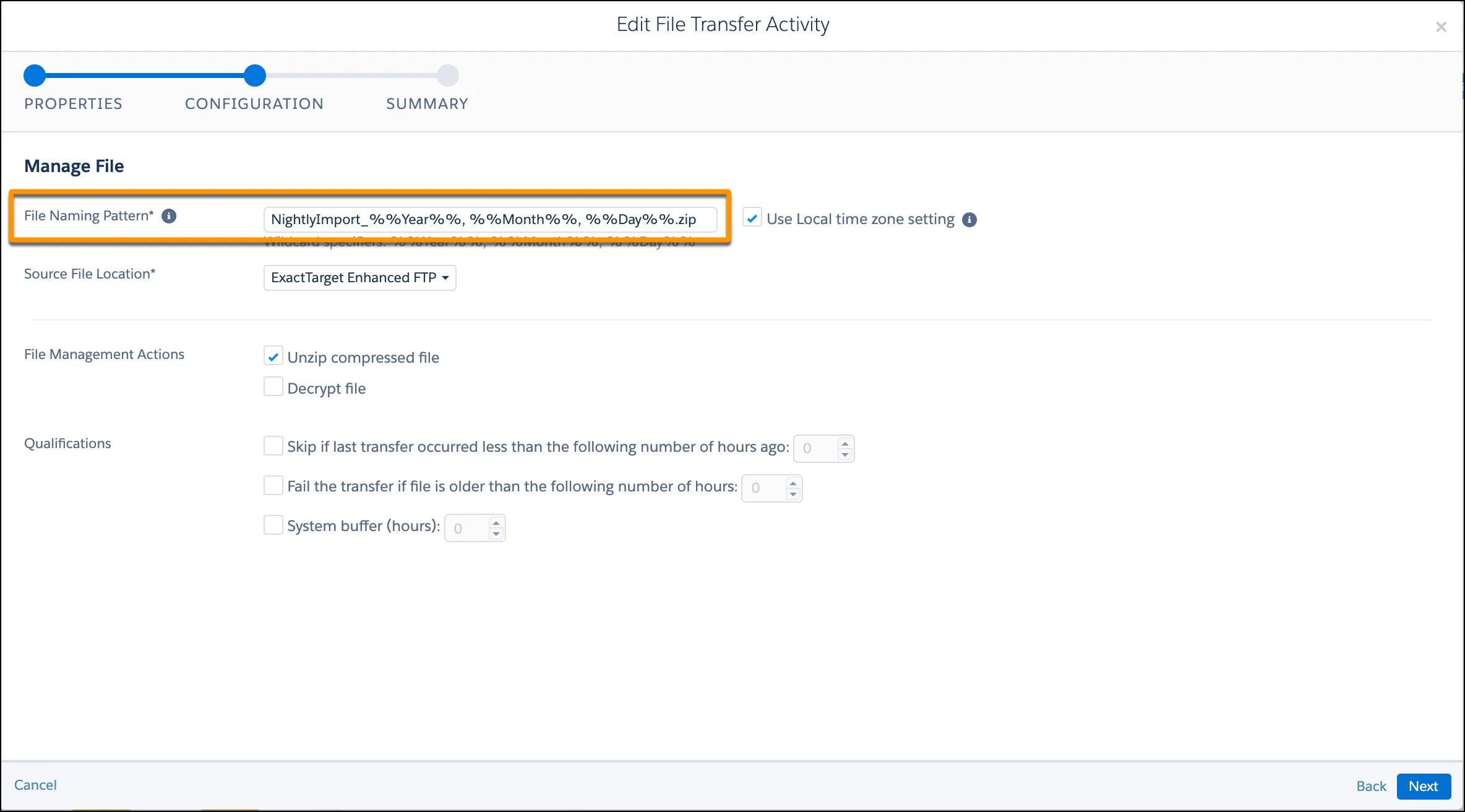 Configuration screen in file transfer activity.