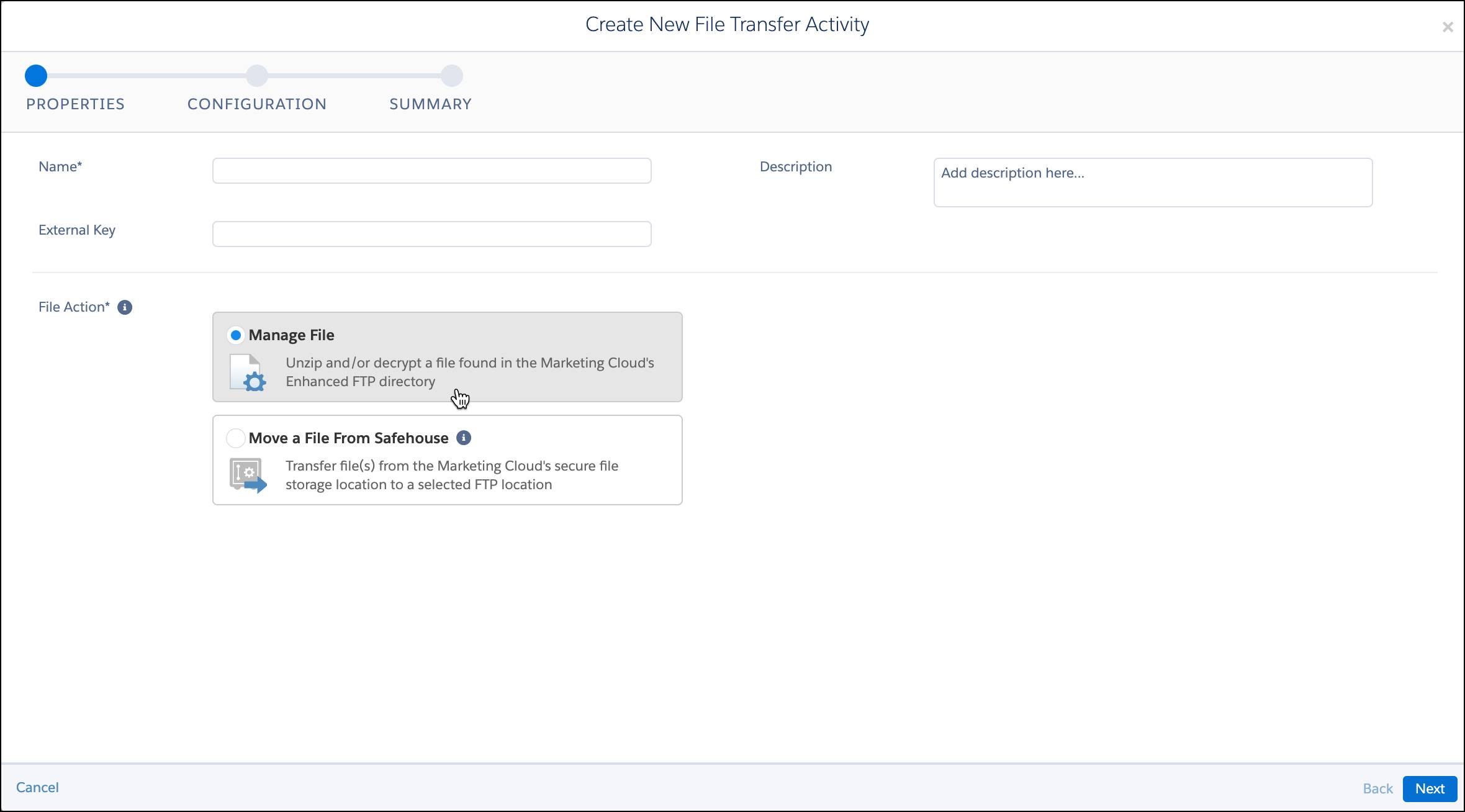 Tela de propriedades para atividade de transferência de arquivos. Manage File (Gerenciar arquivo) sendo selecionado