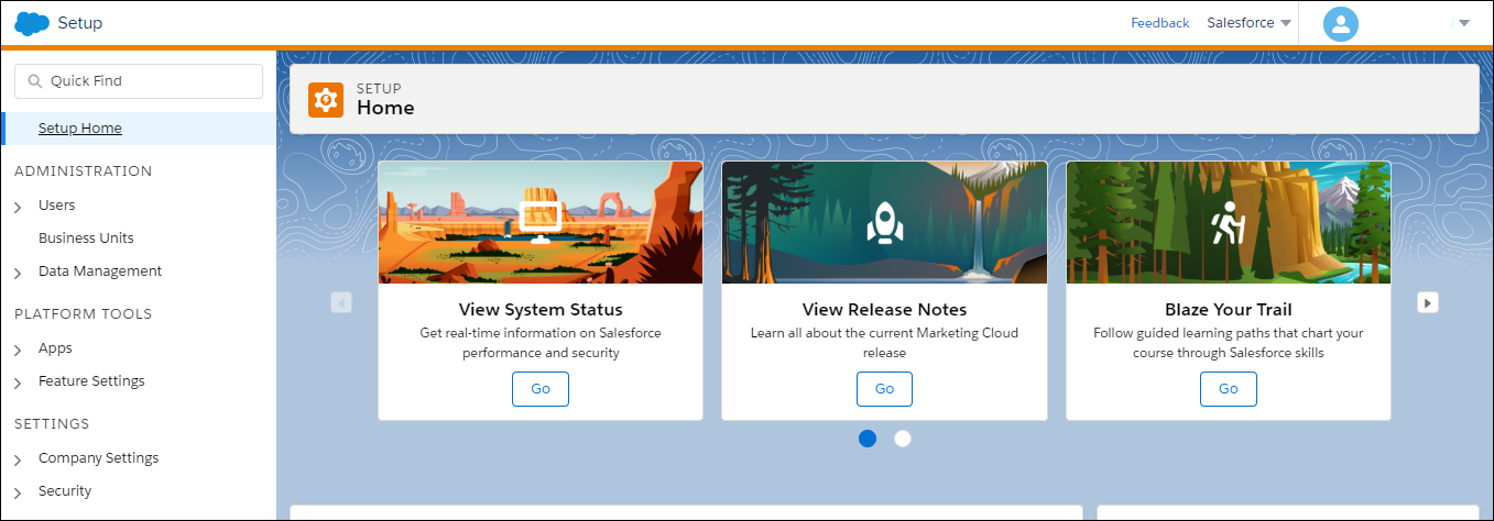 The navigation menu and interface for Marketing Cloud Setup.