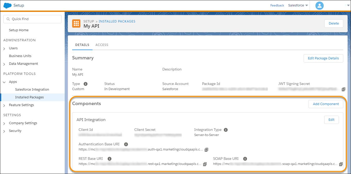 The Setup interface in Marketing Cloud Engagement with the Components section, including tenant endpoints, highlighted.