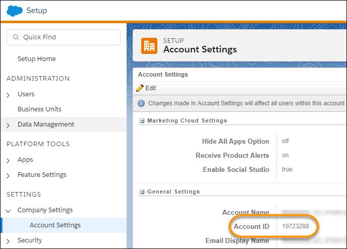 The Marketing Cloud Engagement admin interface with the Account ID field highlighted.