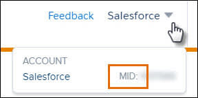 The Marketing Cloud interface showing MID under the account name.