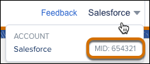 アカウント名の下に MID が表示されている Marketing Cloud Engagement インターフェース。