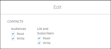 [連絡先] の [オーディエンス] と [リストと購読者] の [書き込み] アクセス権が有効になっているスコープ編集インターフェース